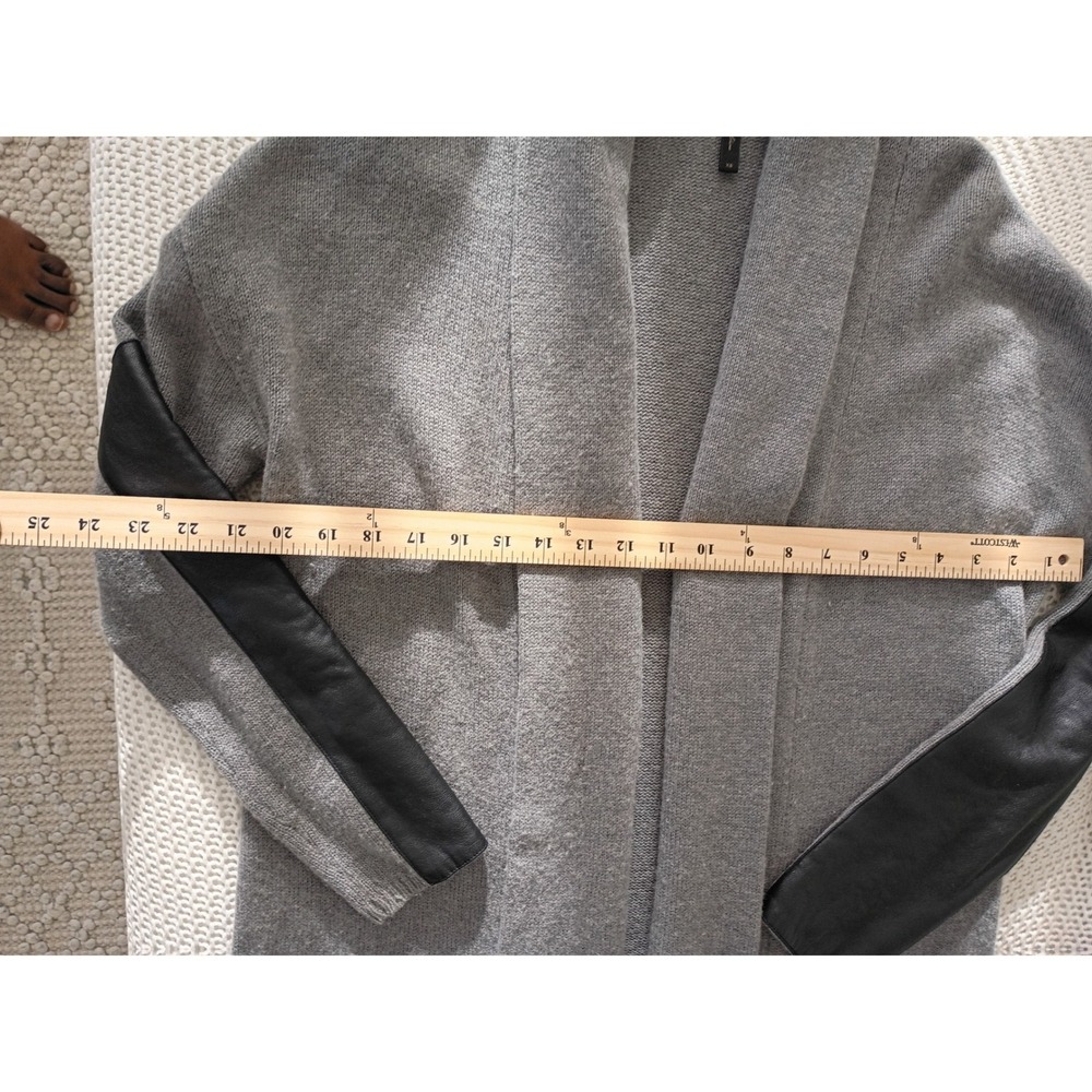 BCBGMAXAZRIA Gray Open Front Cardigan Faux Leather Sleeve Knit Sweater Fits S/M - Picture 6 of 10